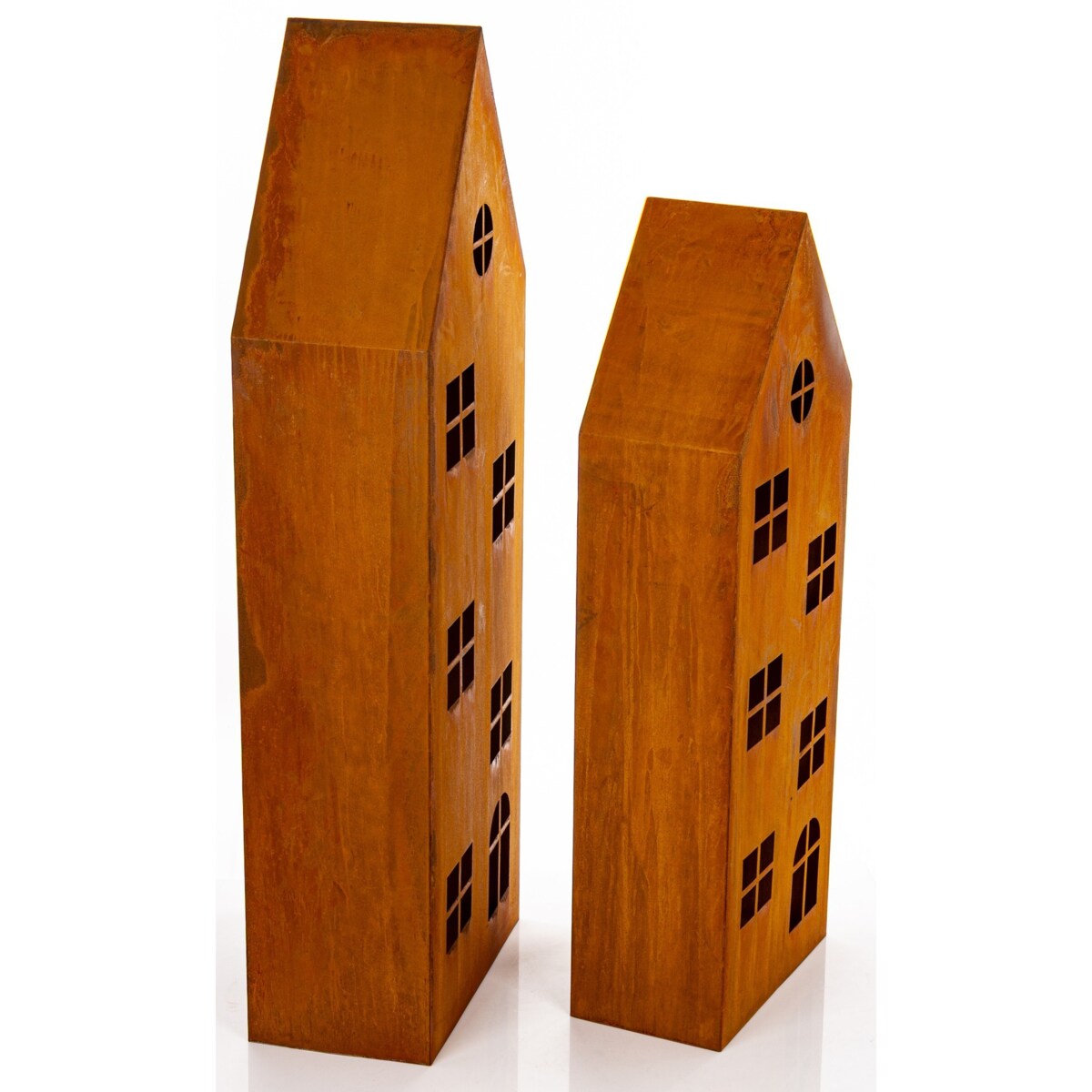 Wysokie metalowe domki 2 szt. świeczniki 120x42x23 i 100x36x20 cm THUMBA