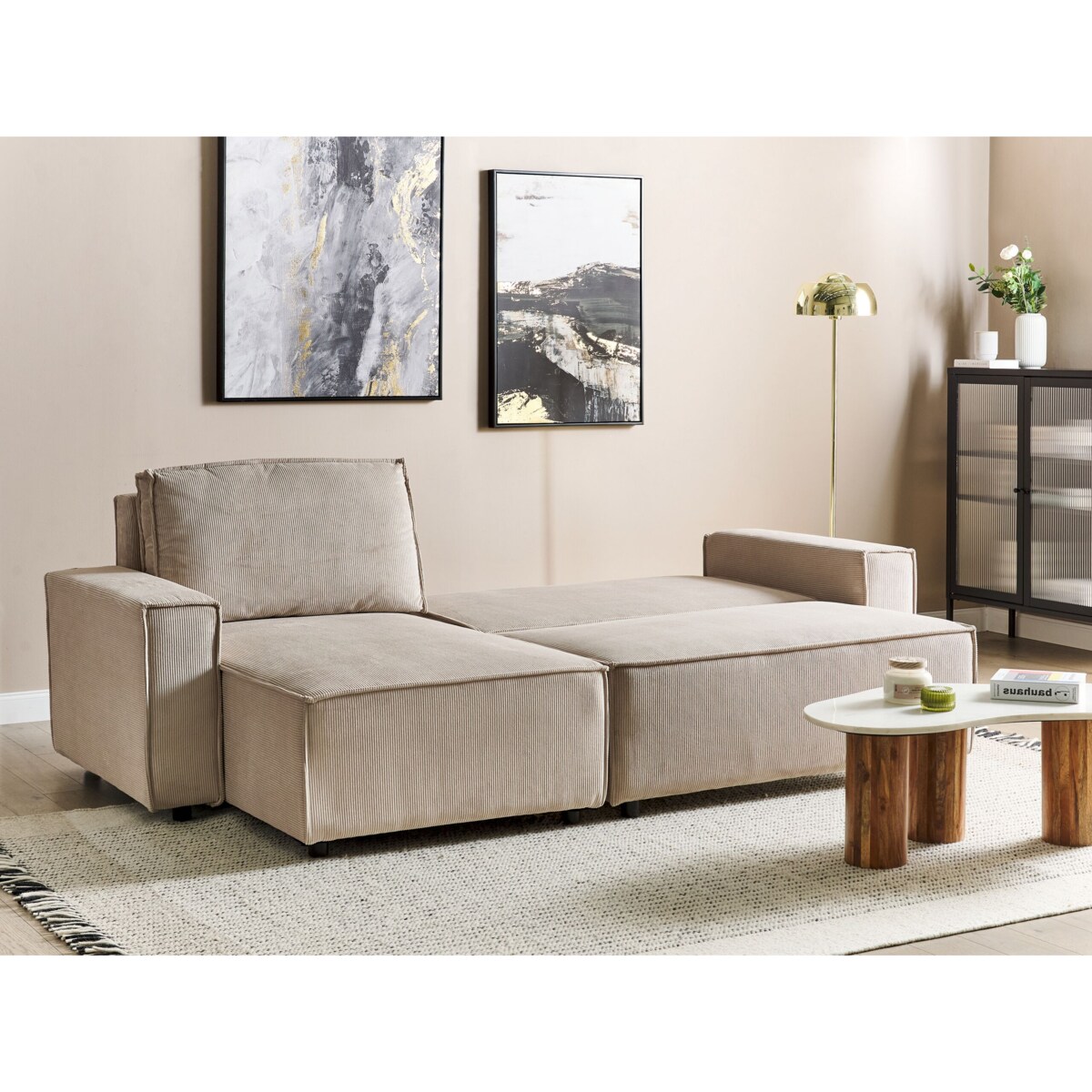 Narożnik prawostronny rozkładany sztruksowy beżowy ABACKA