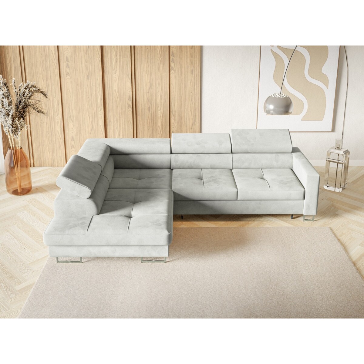 Narożnik rozkładany MERY L z regulowanymi zagłówkami na srebrnych nóżkach