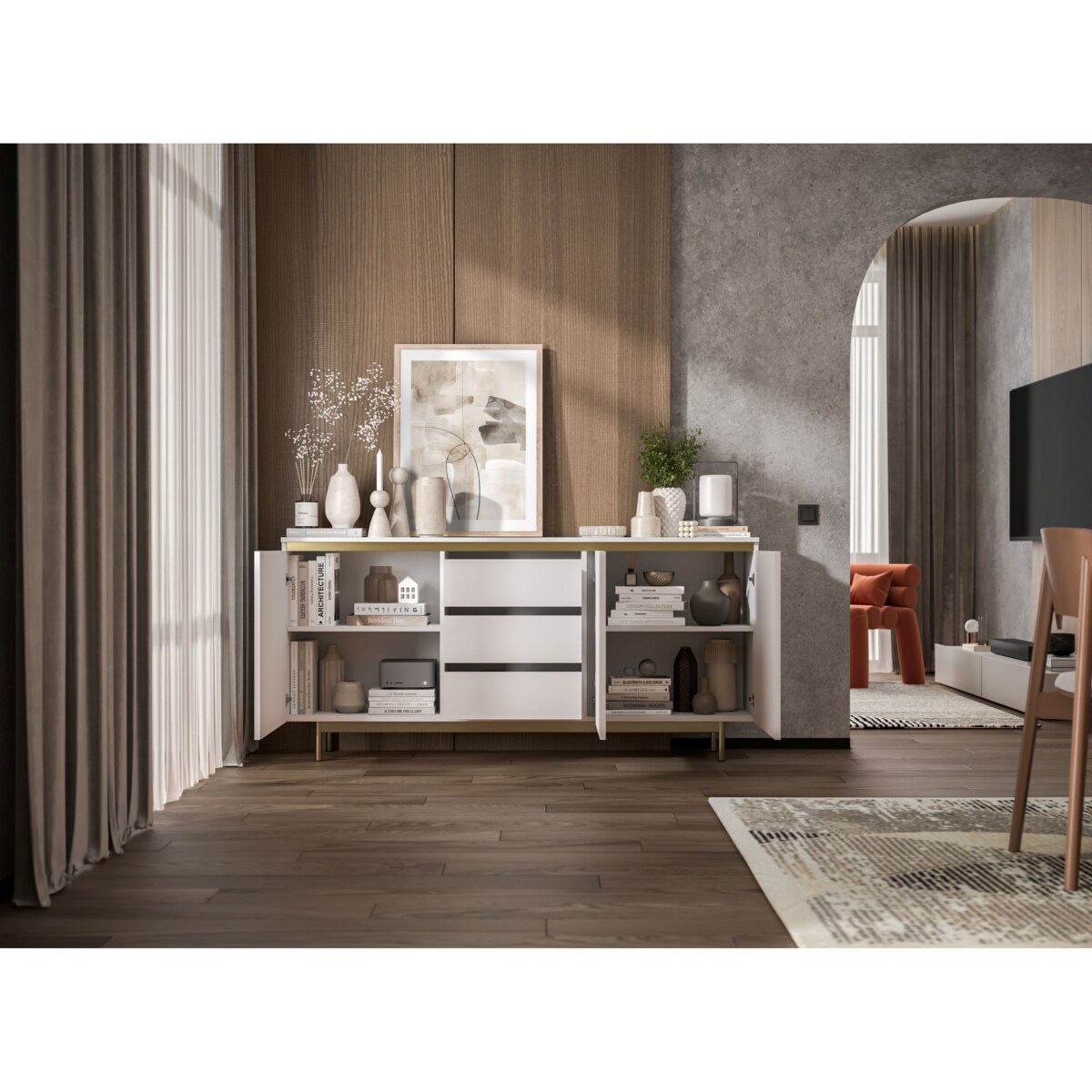 Komoda RTV Glamour 167 cm biała matowa ryflowane fronty złota rama