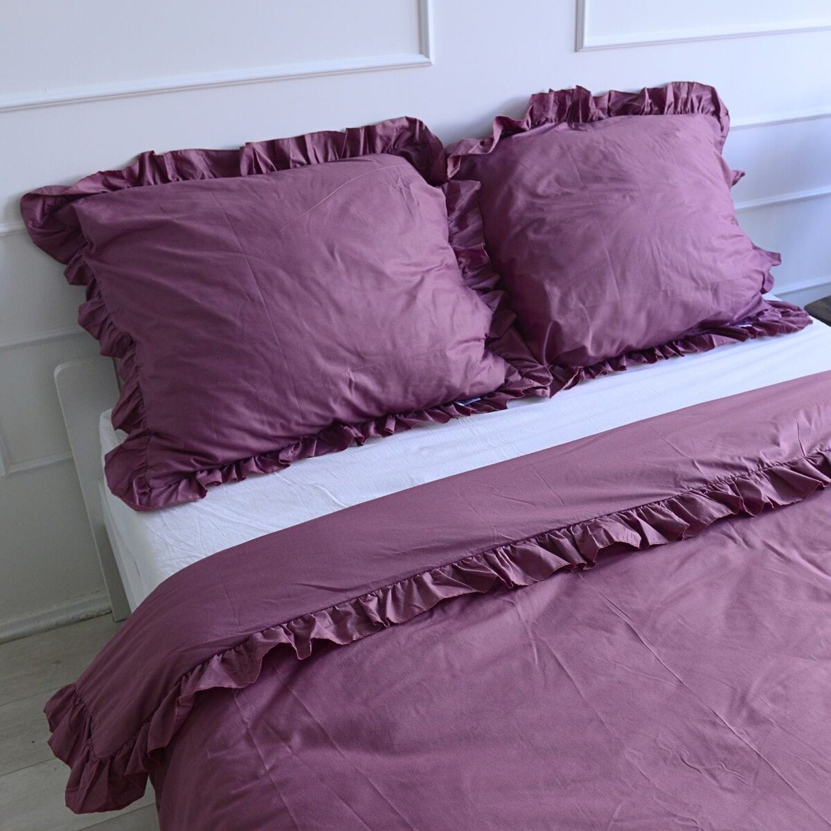 Pościel Bawełniana Z Falbanką Zestaw Komplet Do Sypialni Retro Róż 200X200 Cm + 2 Poduszki 70X80 Cm