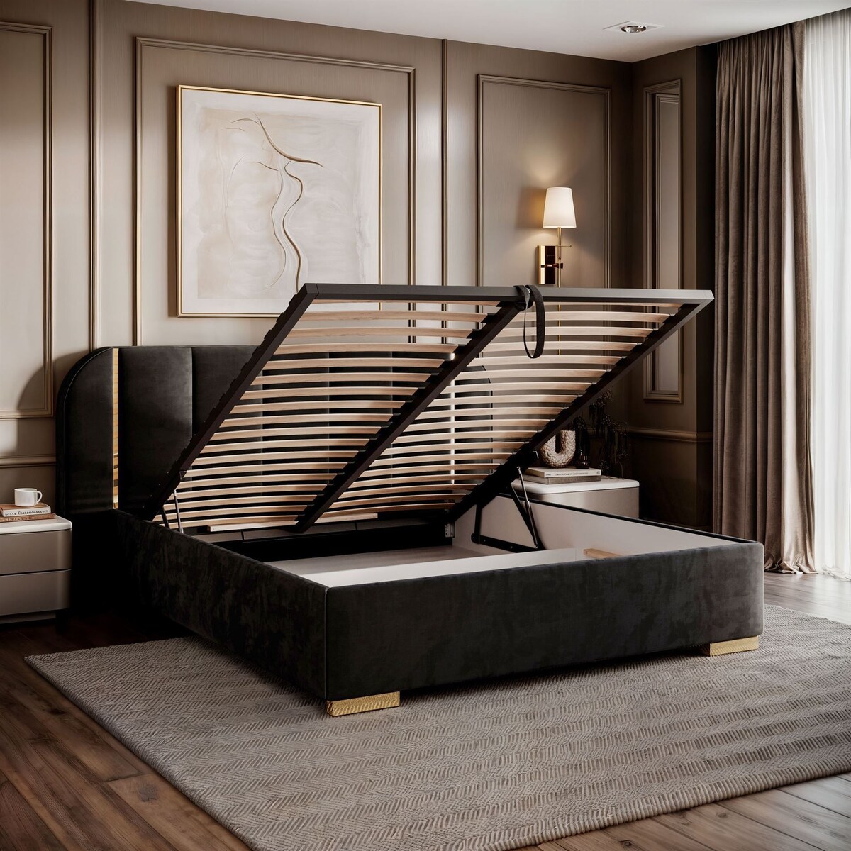 Łóżko tapicerowane AMARA GOLD, pojemnik, stelaż 32, 160x200, Royal Velvet 87254