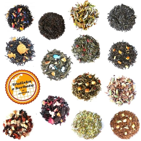 Walizka z herbatą w podróży zestaw herbat smakowych na podróż z zaparzaczem i cukrem trzcinowym 12xsaszetka 5g + 2xsaszetka 8g + zaparzacz + 14xsaszetka z cukrem trzcinowym