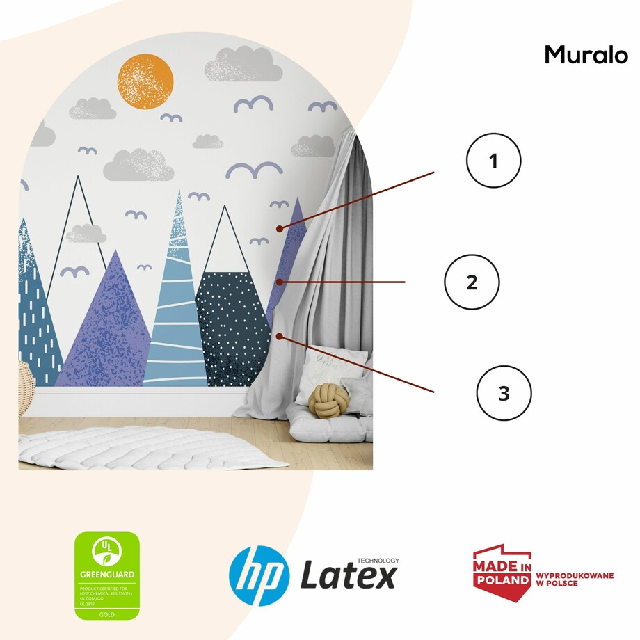 ZESTAW NAKLEJEK DLA DZIECI NA ŚCIANĘ FIOLETOWE GÓRY CHMURY PTAKI