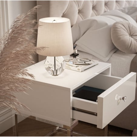 Stolik nocny BLANCO GLAMOUR 45x53x36,6 cm biały high gloss na chromowanym stelażu