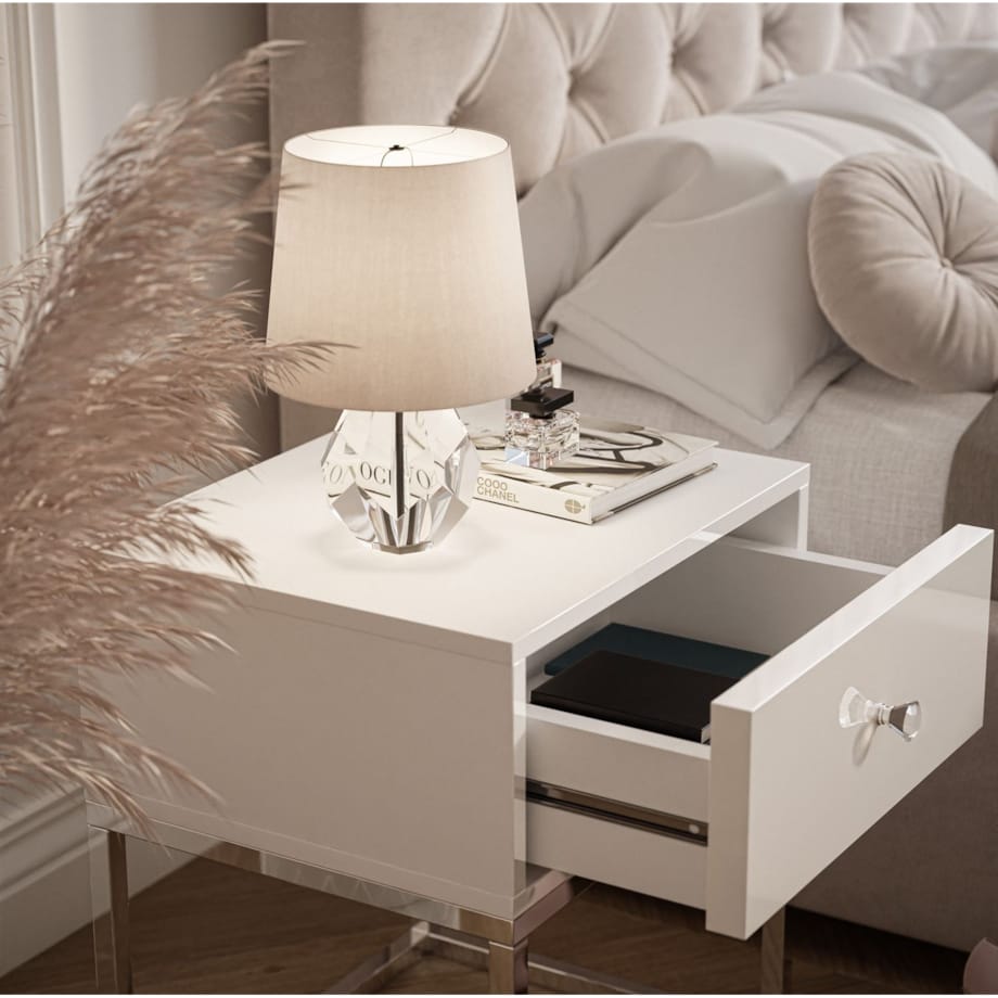 Stolik nocny BLANCO GLAMOUR 45x53x36,6 cm biały high gloss na chromowanym stelażu
