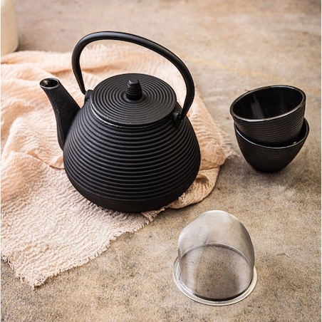 Czajniczek żeliwny Zaparzacz do herbaty 1.0L zestaw z żeliwnymi filiżankami czarkami KINGHOFF