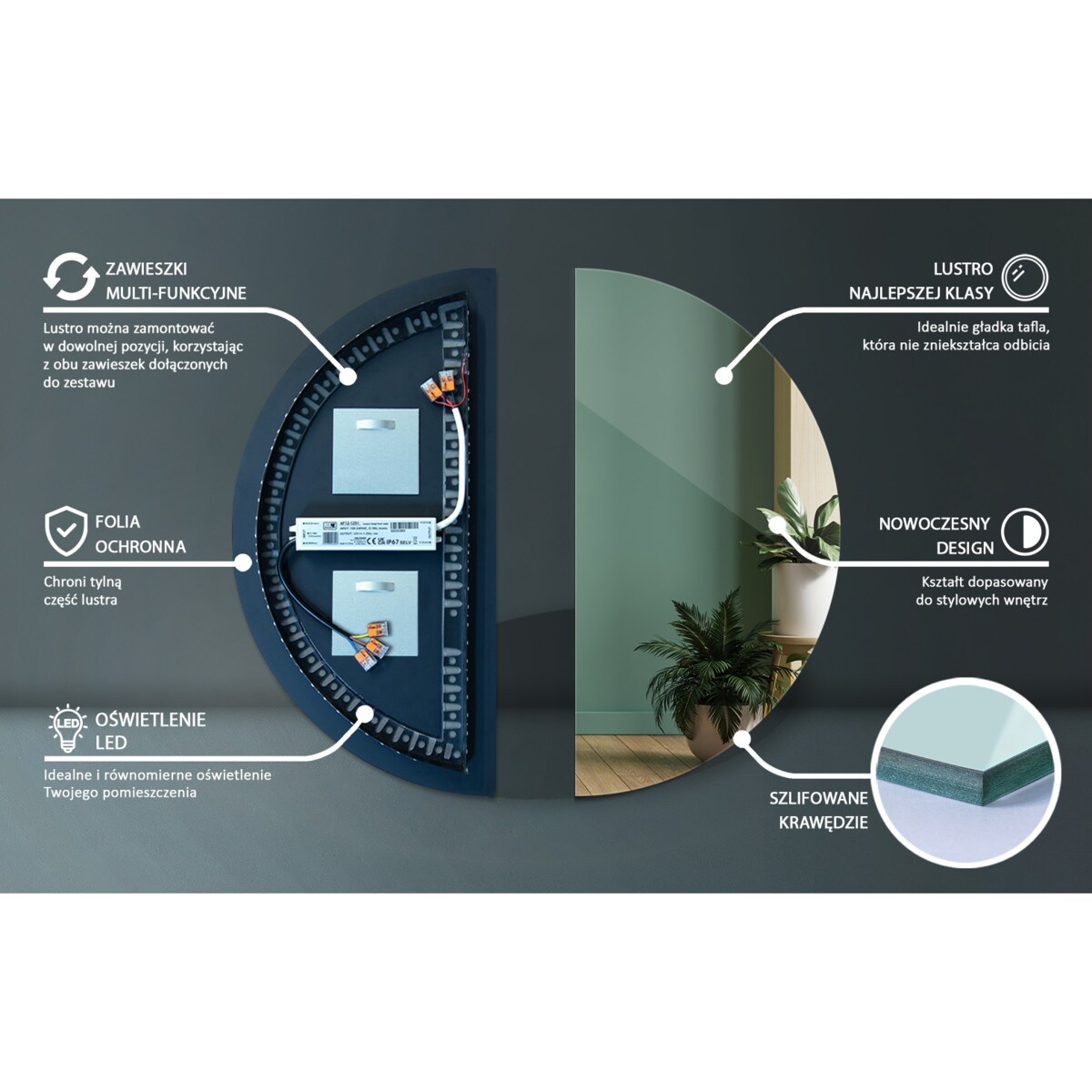 Lustro 100 x 50 cm Półokrągłe światło LED ciepłe