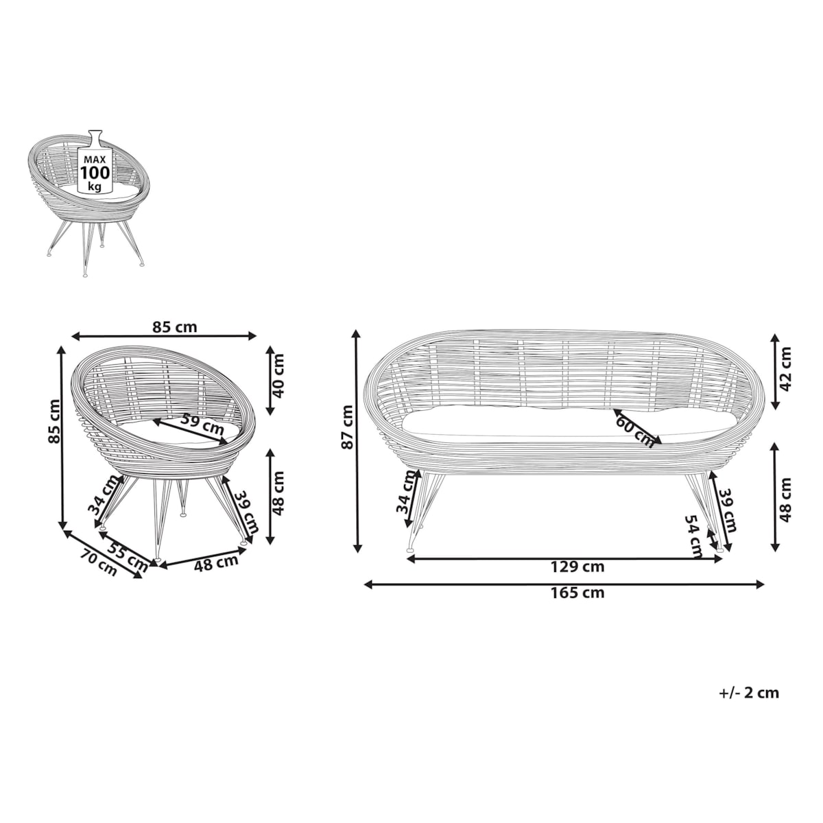Zestaw ogrodowy rattanowy 3-osobowy naturalny MARATEA