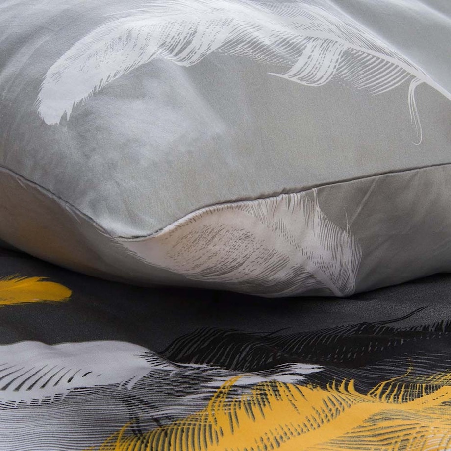 Pościel satyna bawełniana 140x200 Fevola białe i złote pióra na szarym tle, Satynlove