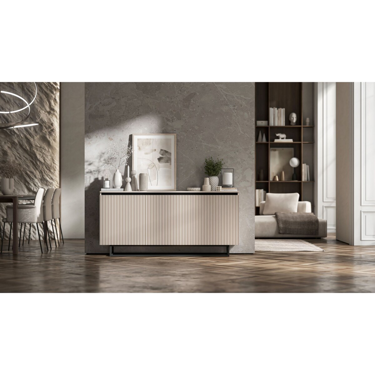 Komoda Glamour Szafka RTV Kaszmir MAT ryflowane fronty czarny stelaż 166,8 cm