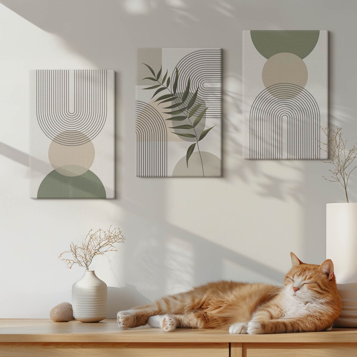 Zestaw 3 małych obrazów na płótnie - Abstrakcyjne kształty z zielenią - zielony