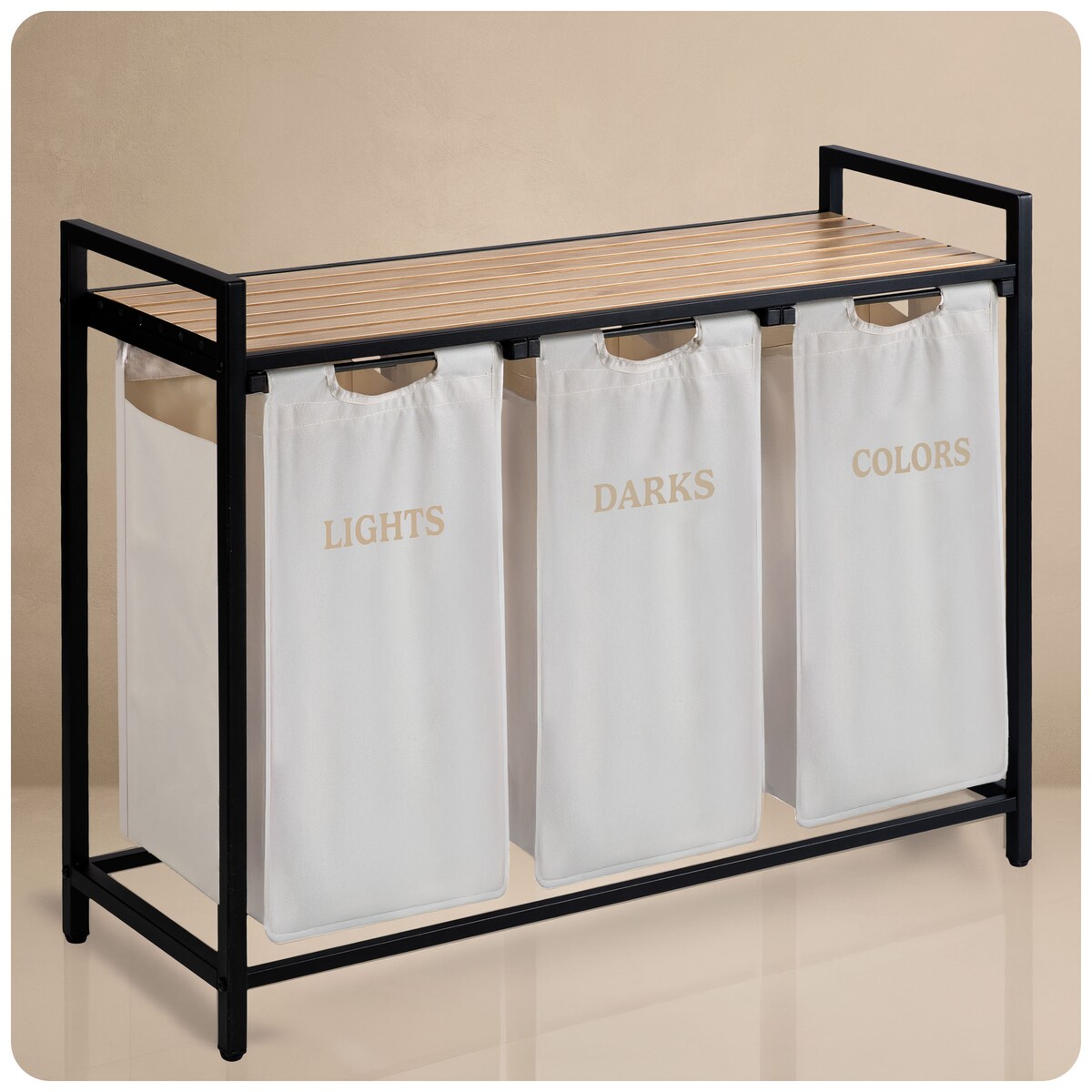 Massido, kosz na pranie 120l z półką trzykomorowy beżowy 92,5x33x72cm