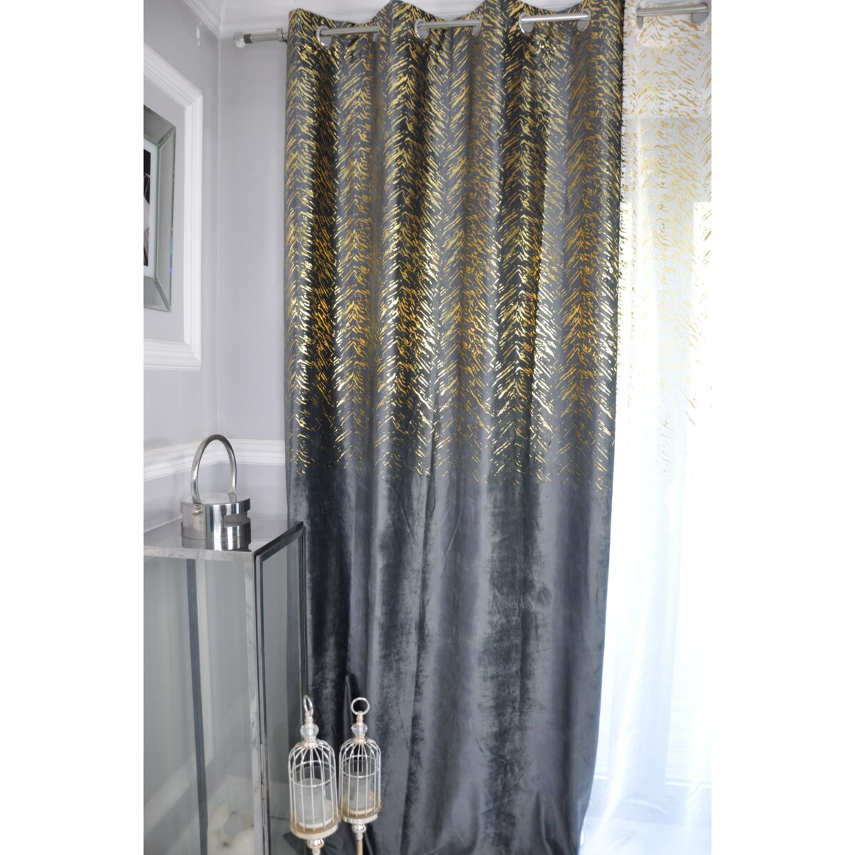 zasłona welurowa "velvet glow" złoty print 140x250 cm stalowy