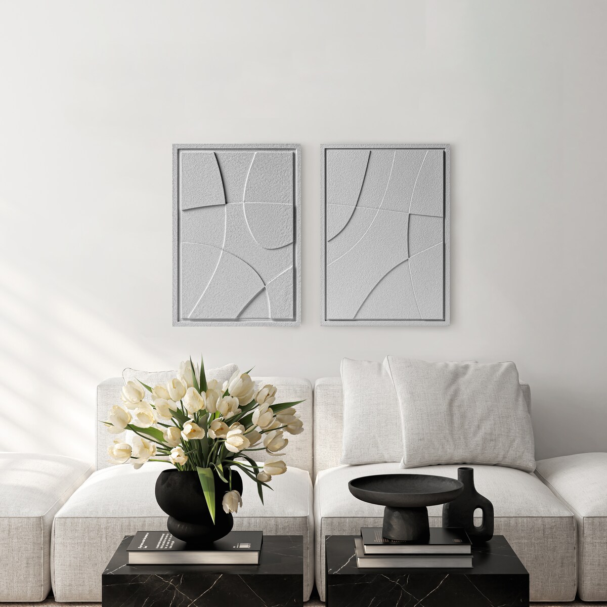 Zestaw 2 Obrazy 3D 35x50cm Abstract – Dekoracje ścienne z Tynku Naturalnego, Milky Grey, Minimalistyczne Reliefy