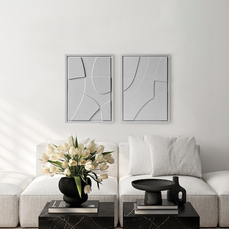 Zestaw 2 Obrazy 3D 35x50cm Abstract – Dekoracje ścienne z Tynku Naturalnego, Milky Grey, Minimalistyczne Reliefy