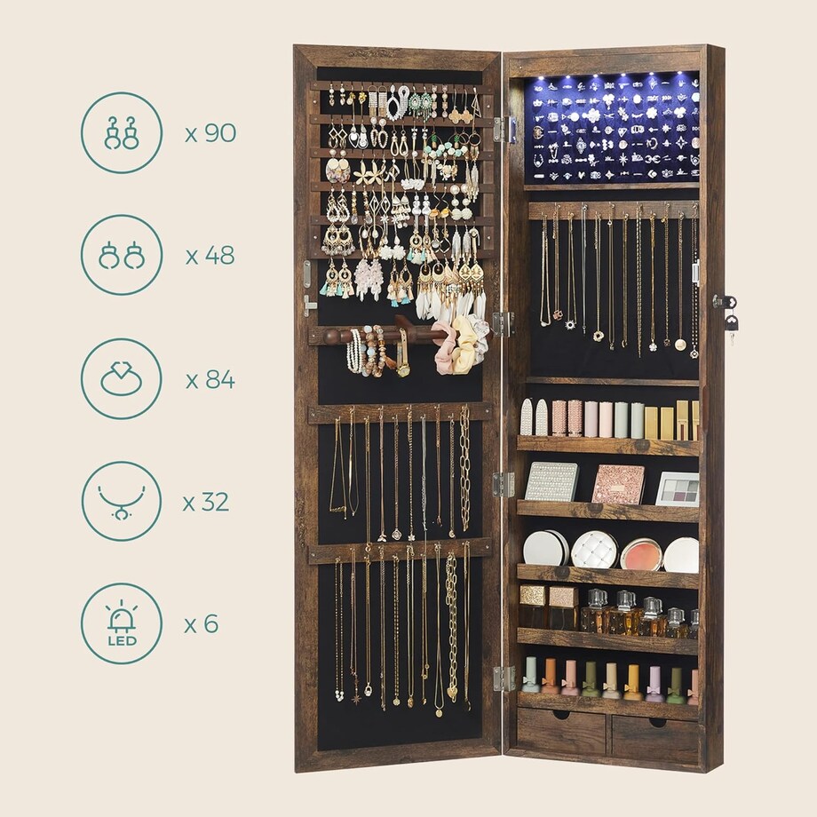 Szafka Z Lustrem Na Biżuterię 37X10X120 Cm Rustykalny Brąz