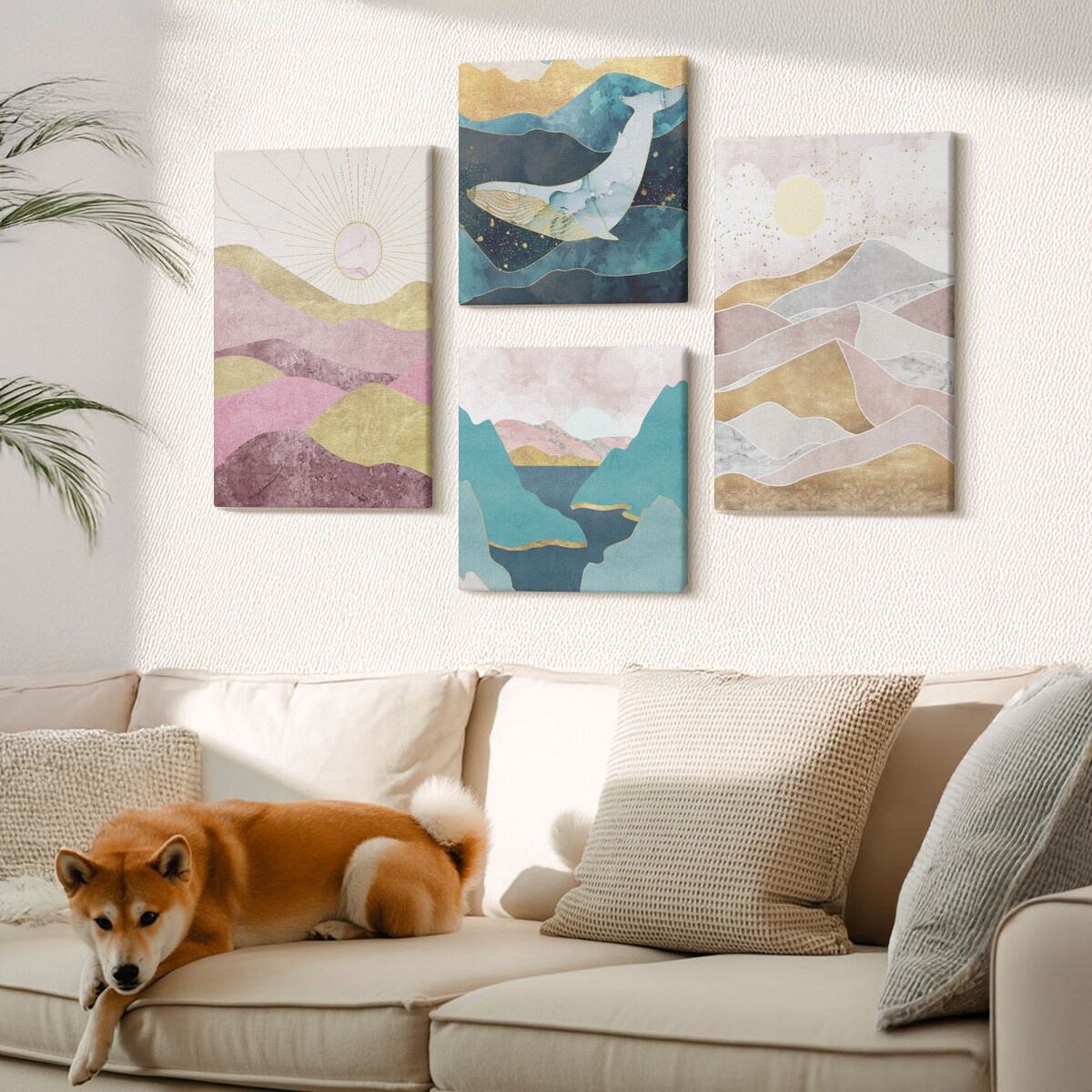 Zestaw 4 obrazów na płótnie - Abstrakcyjne góry słońce - turkusowy