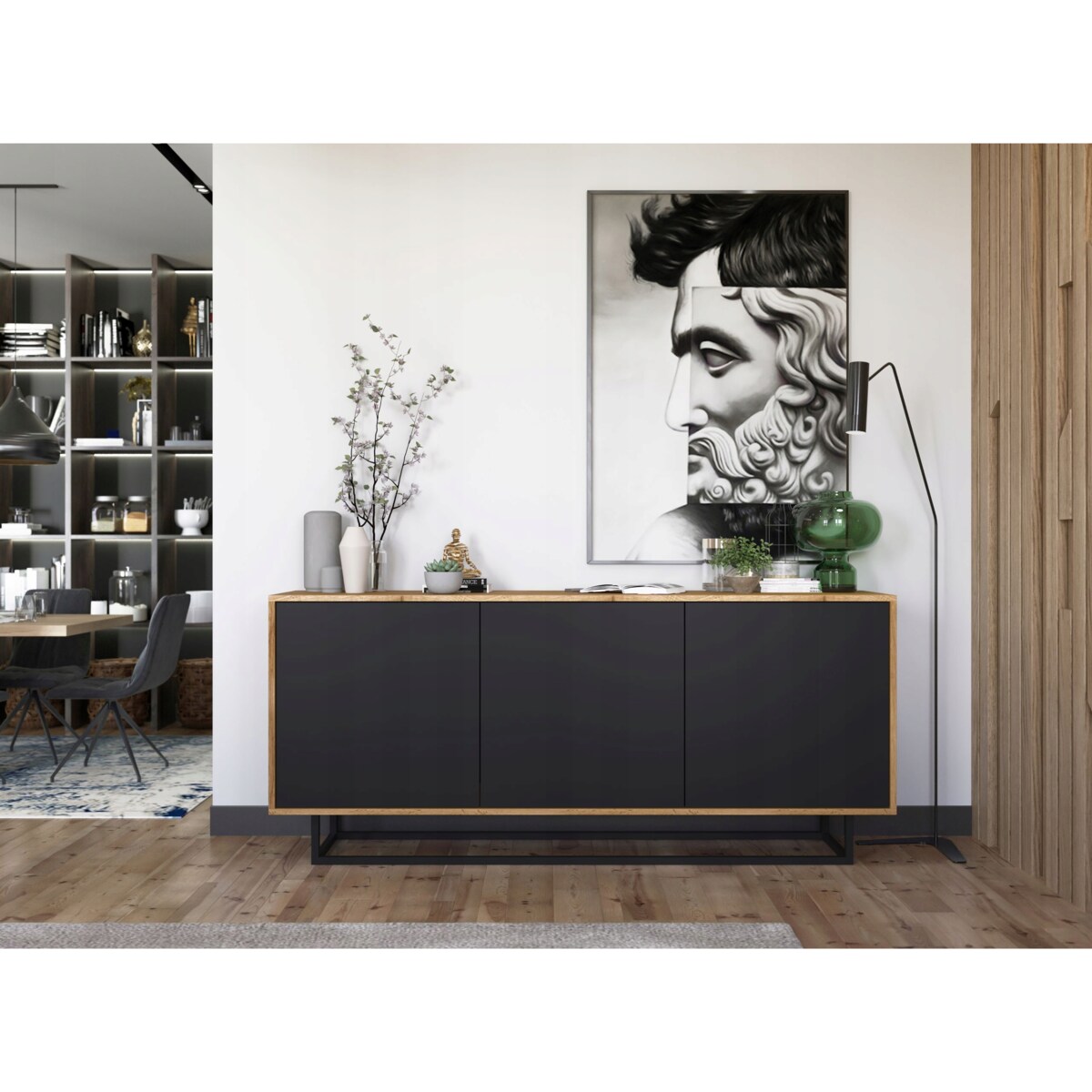 Komoda Loft Szafka RTV Industrialna Dąb Wotan Czarny MAT 168 cm