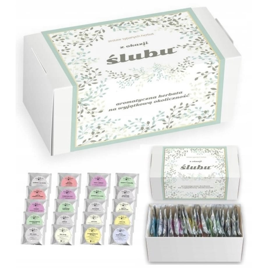 Zestaw prezentowy upominkowy z okazji ŚLUBU WESELA ROCZNICY - 20 różnych herbat sypanych na prezent upominek dla NOWOŻEŃCÓW PARY MŁODEJ