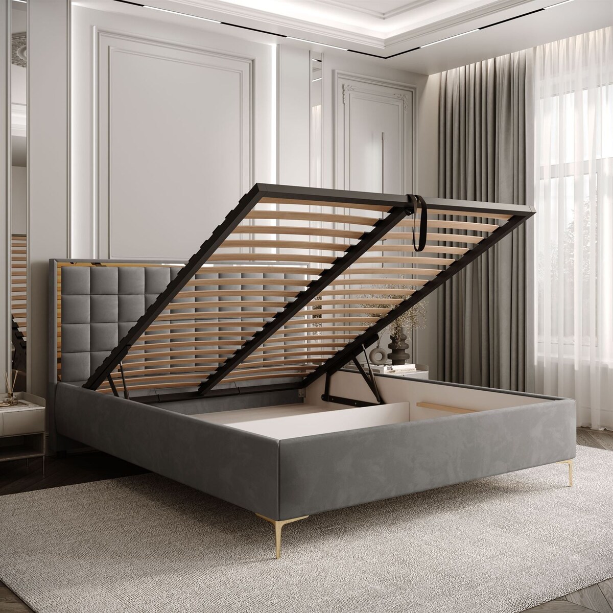 Łóżko tapicerowane ISADORA SILVER, pojemnik na pościel, stelaż 34, 140x200, RV 250