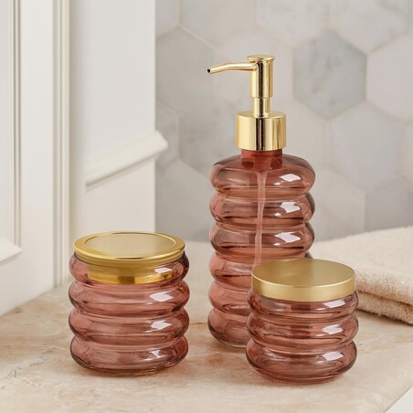 Zestaw łazienkowy szklany - dozownik, kubek i pojemnik 19x8,5 cm IMPOSTATO różowy