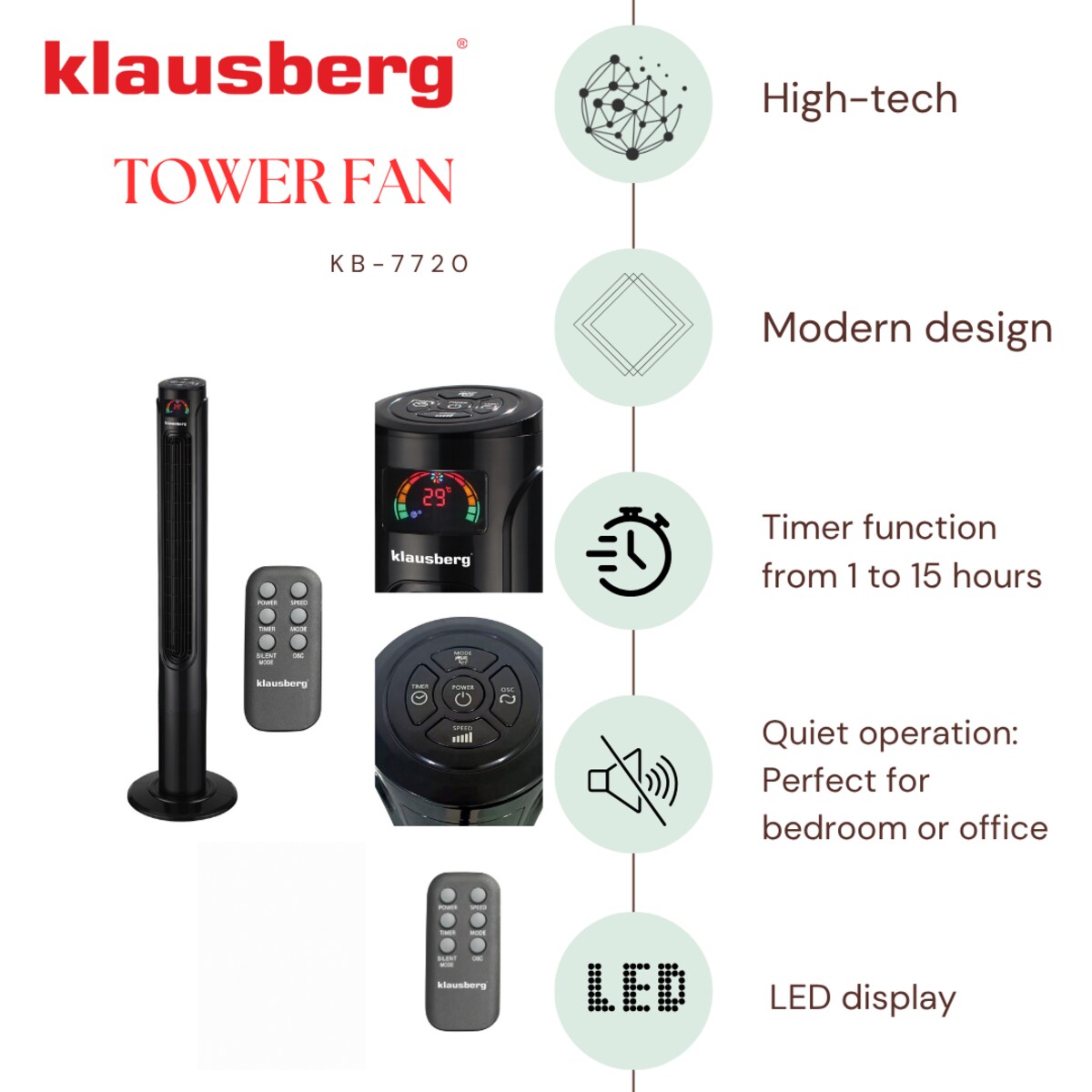Wentylator kolumnowy podłogowy z pilotem 55W KLAUSBERG