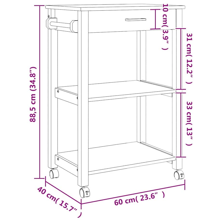 vidaXL Wózek kuchenny MONZA, 60x40x88,5 cm, lite drewno sosnowe