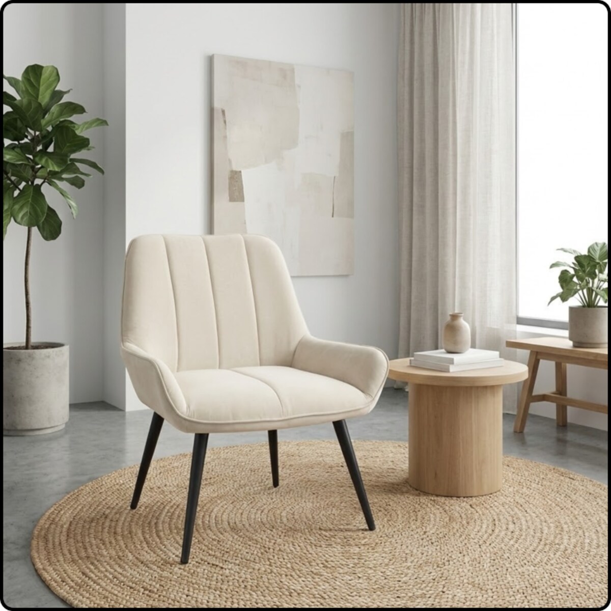Fotel uszak tapicerowany welurowy wygodny z czarnymi nogami do salonu beżowy