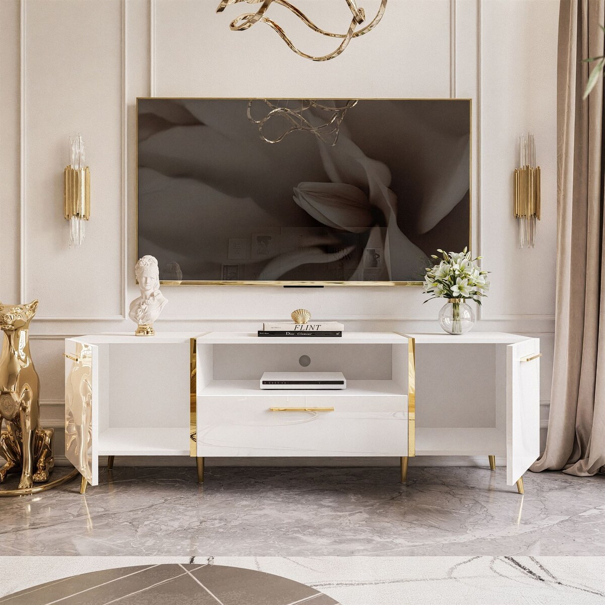 Szafka RTV ONYX na złotych nóżkach wysoki połysk 158 cm, biały połysk, złote uchwyty