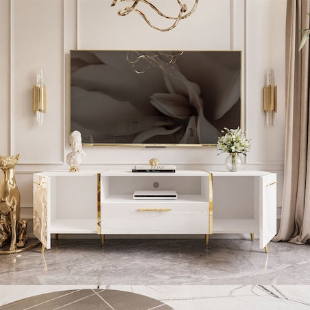 Szafka RTV ONYX na złotych nóżkach wysoki połysk 158 cm, biały połysk, złote uchwyty