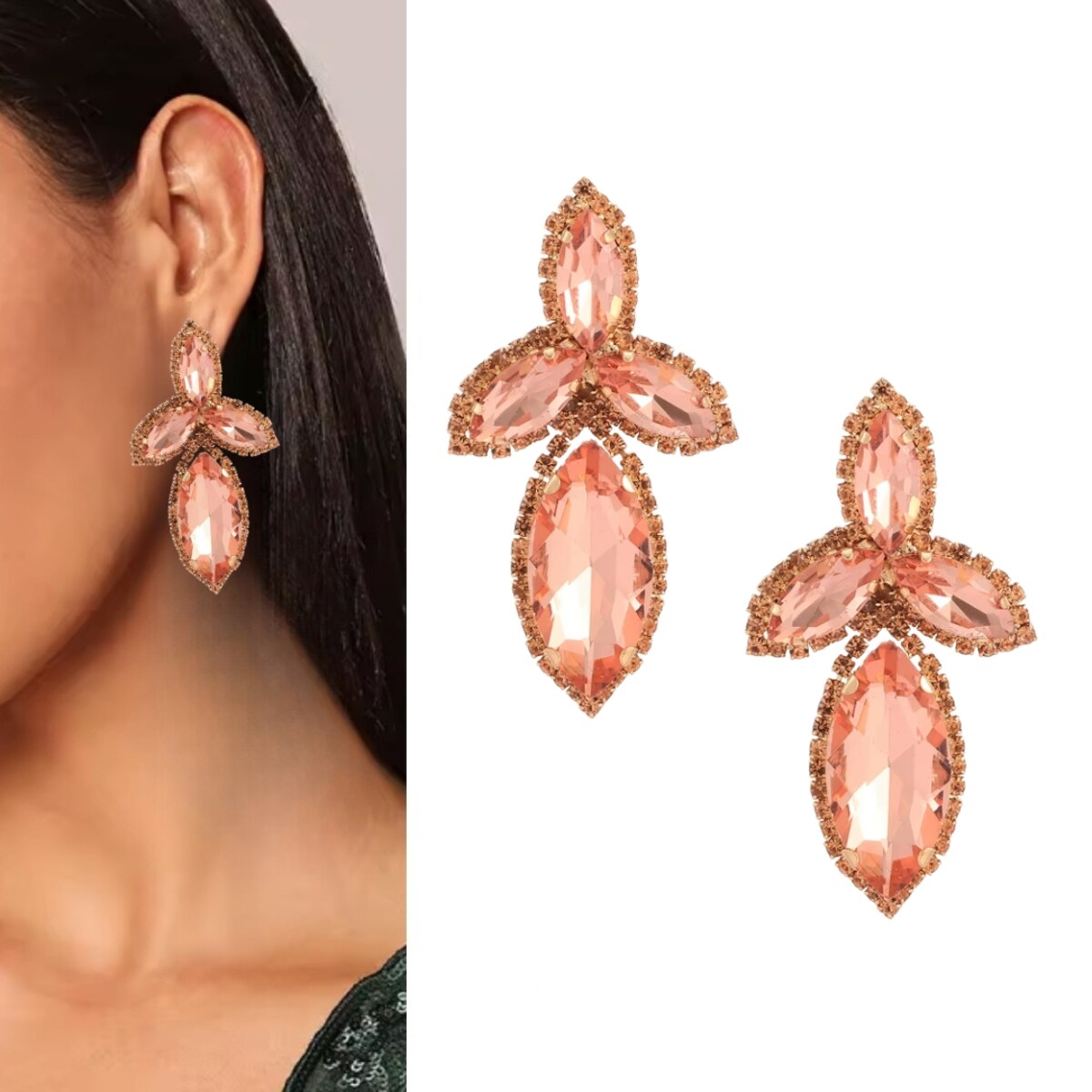 Złote łososiowe kolczyki brzoskwinia jasne duże kryształy wizytowe TREND