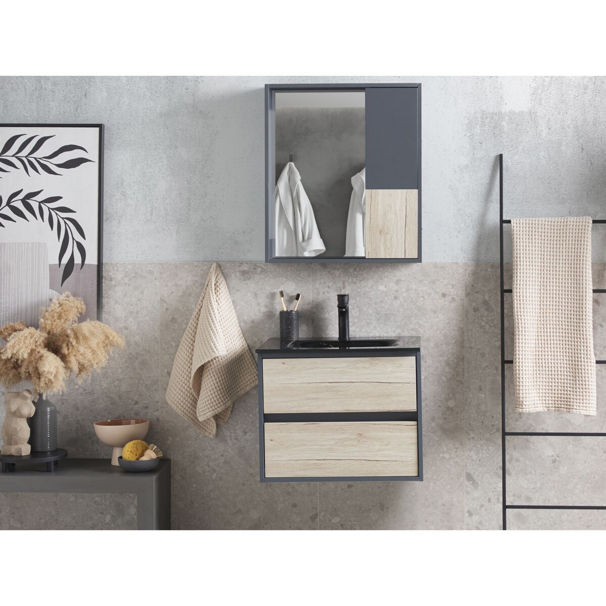 Zestaw mebli łazienkowych z umywalką 60 cm jasne drewno z szarym TERUEL