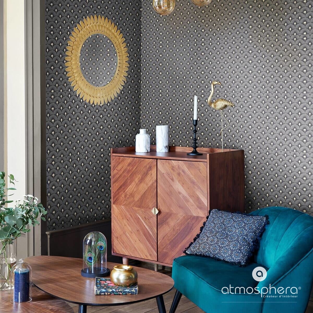 Lustro na ścianę w ramie ze złotych liści, lustro ozdobne, lustro okrągłe, lustro glamour, lustra dekoracyjne, lustro wiszące - Ø 70 cm