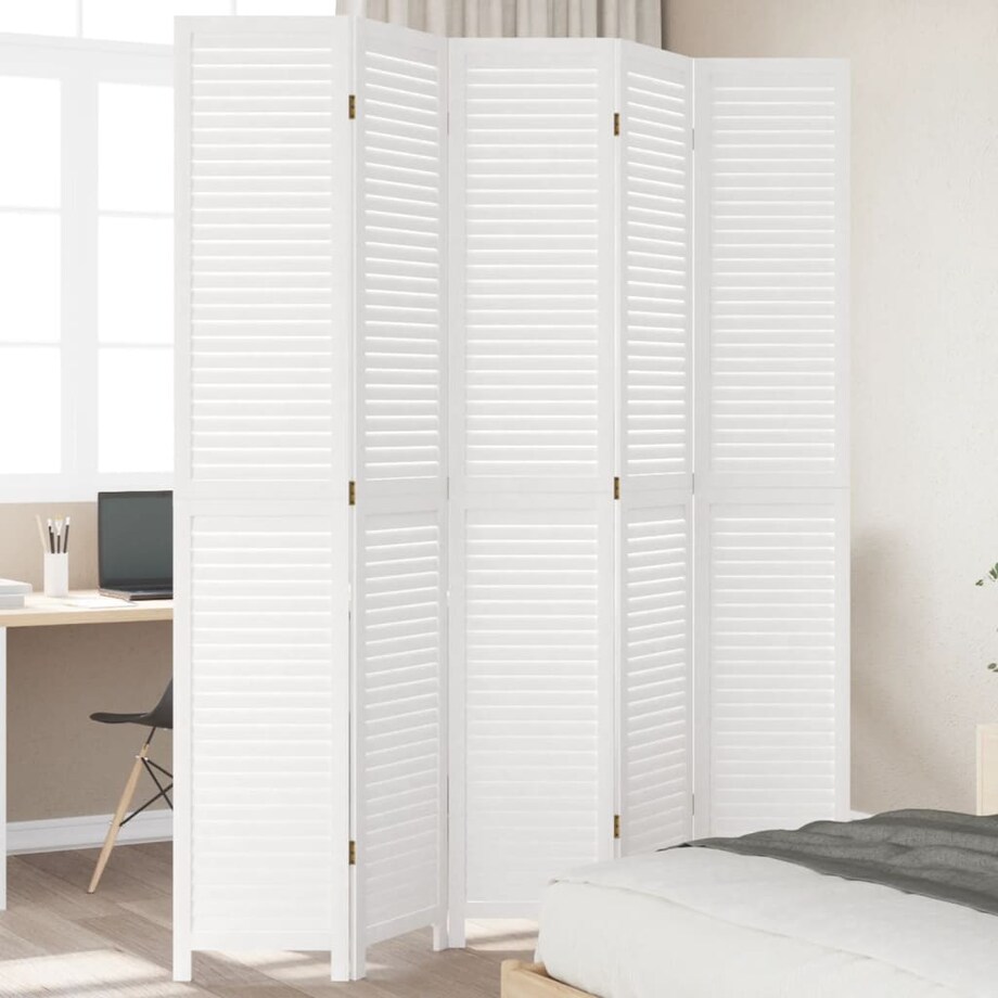 vidaXL Parawan pokojowy, 5-panelowy, biały, lite drewno paulowni