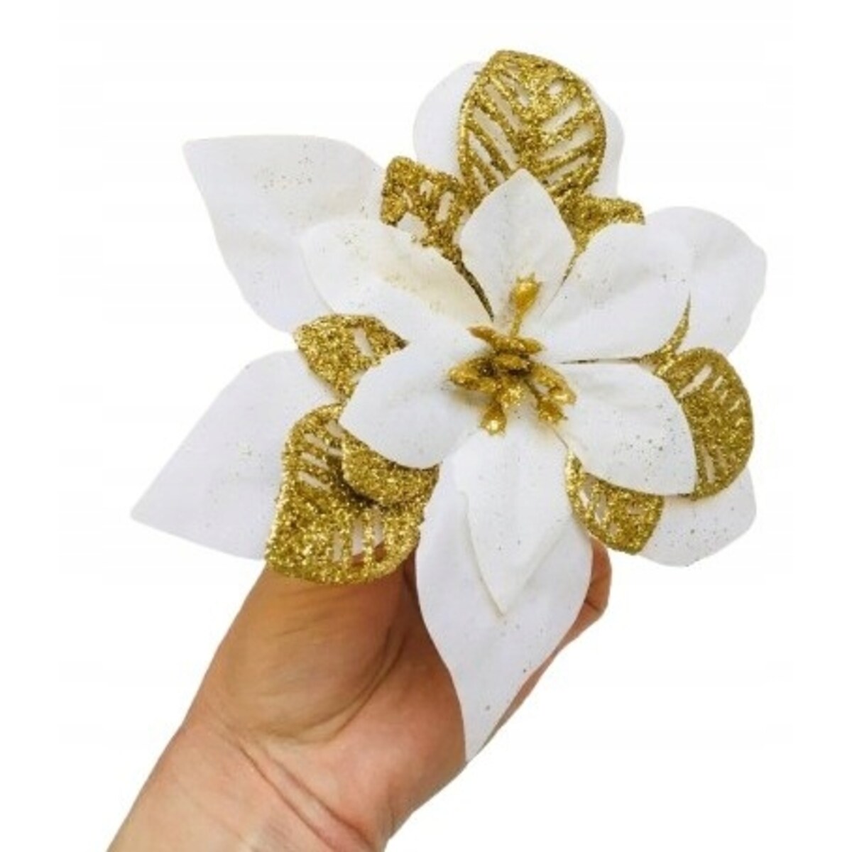 KWIAT GWIAZDA BETLEJEMSKA biała na bukiet święta brokatowa złoty 6szt DEKOR