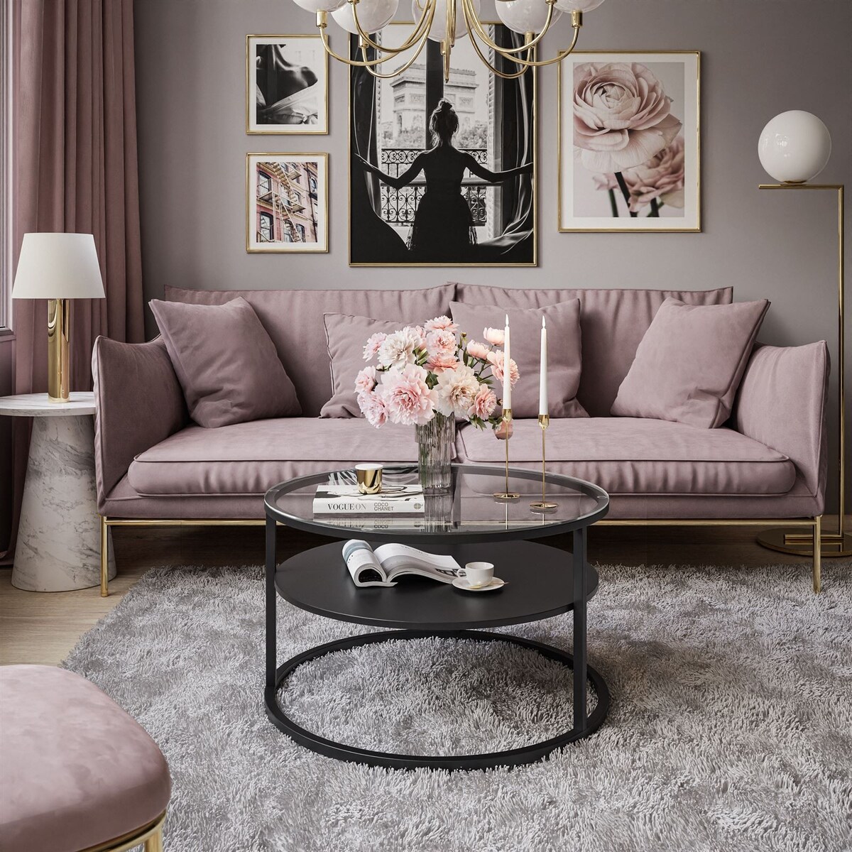 Stolik kawowy CIRI z półką czarny przeźroczyste szkło