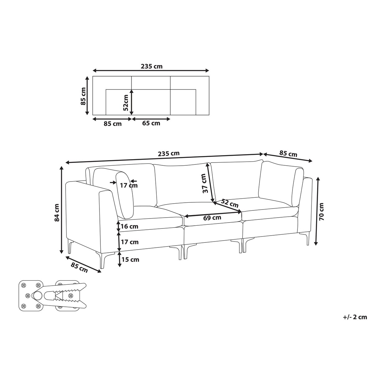 EVJA dla 3 osób Sofa modułowa Zielony Welur