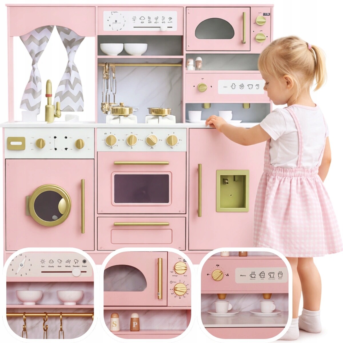 Różowa kuchnia XXL dla dzieci drewniana - dużo funkcji, pralka, piekarnik, lodówka PetitGold