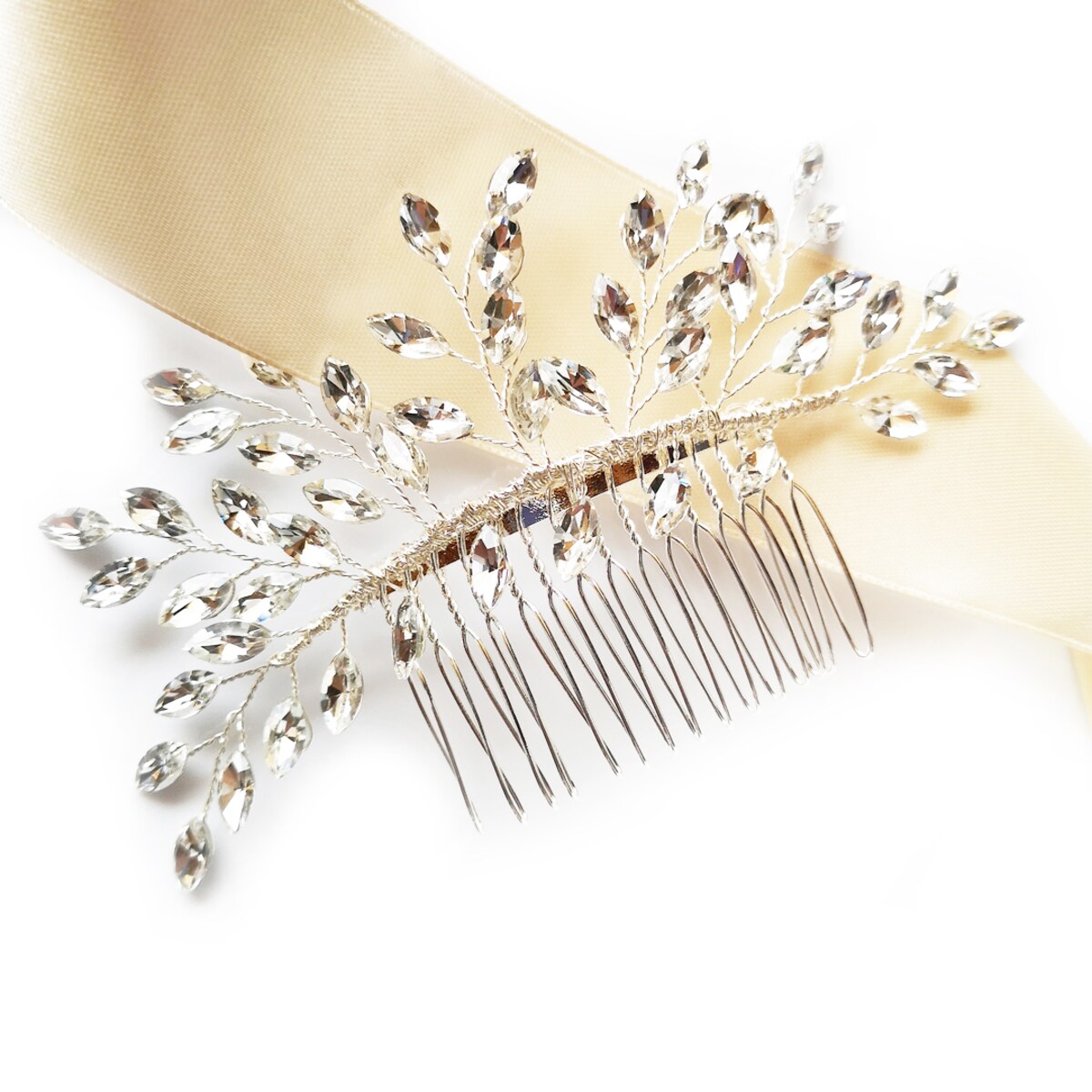 Grzebyk z cyrkoniami listkami kryształki srebrny ślubna ozdoba glam
