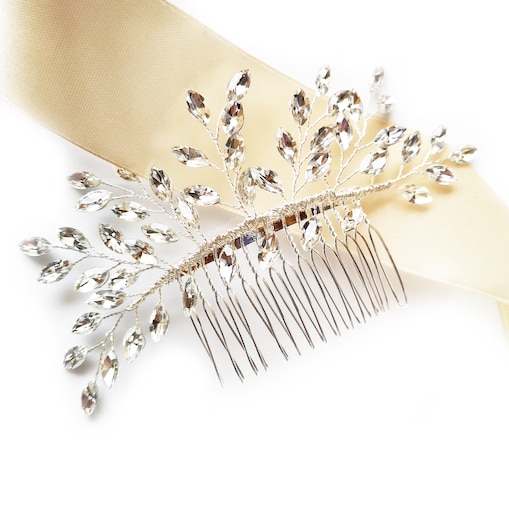 Grzebyk z cyrkoniami listkami kryształki srebrny ślubna ozdoba glam