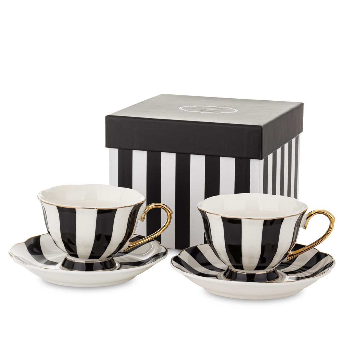 Zestaw - 2 Filiżanki 220 ml ze spodeczkami, w paski w pudełku TASSATA - czarny