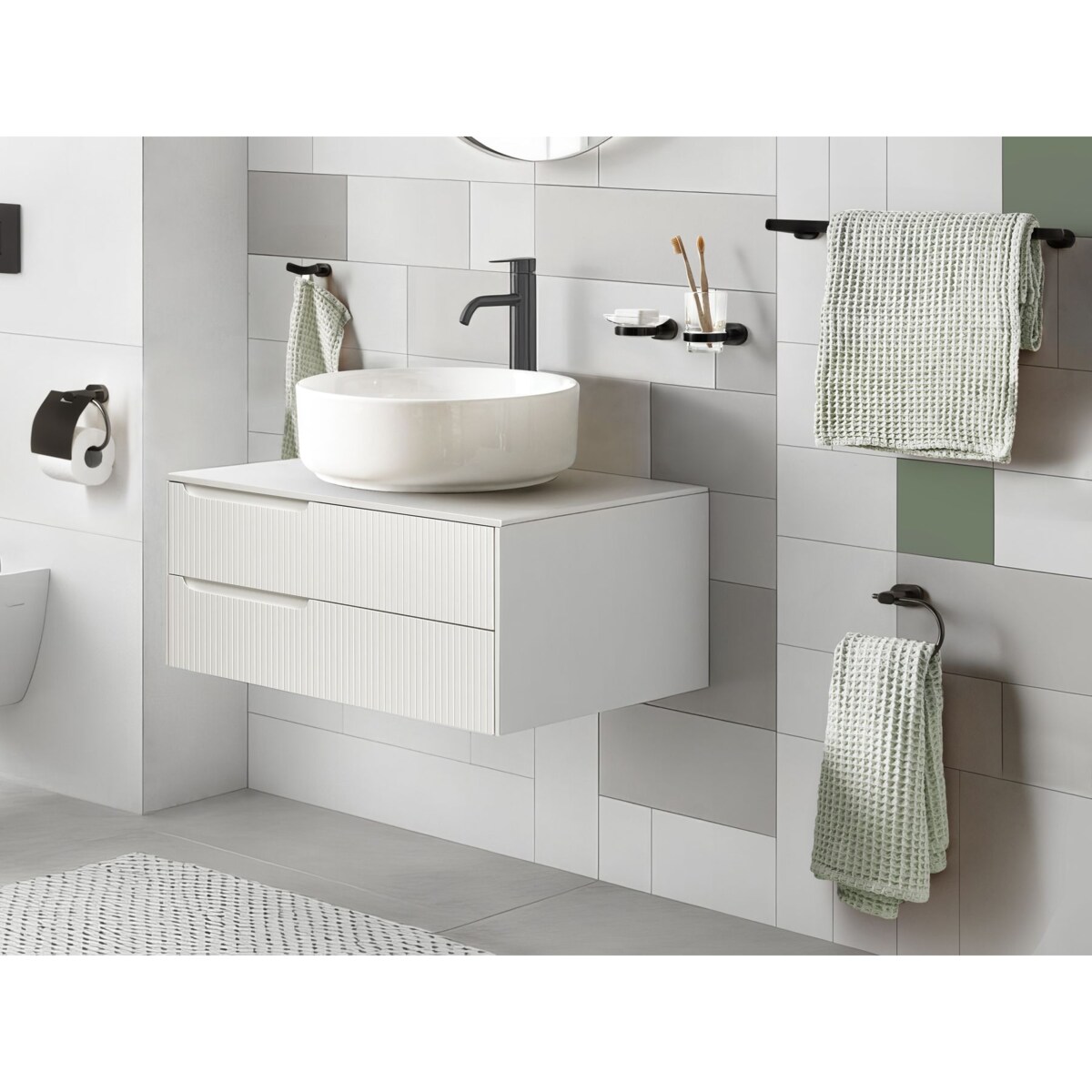 Zestaw akcesoriów toaletowych 6 elementów TOCOPILLA Z uchwytami i haczykami na ręczniki Czarny