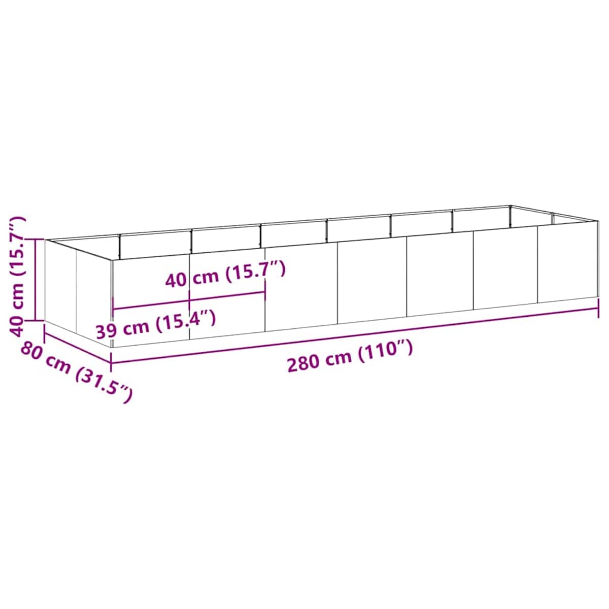 vidaXL Doniczka 280x80x40 cm Stal nierdzewna