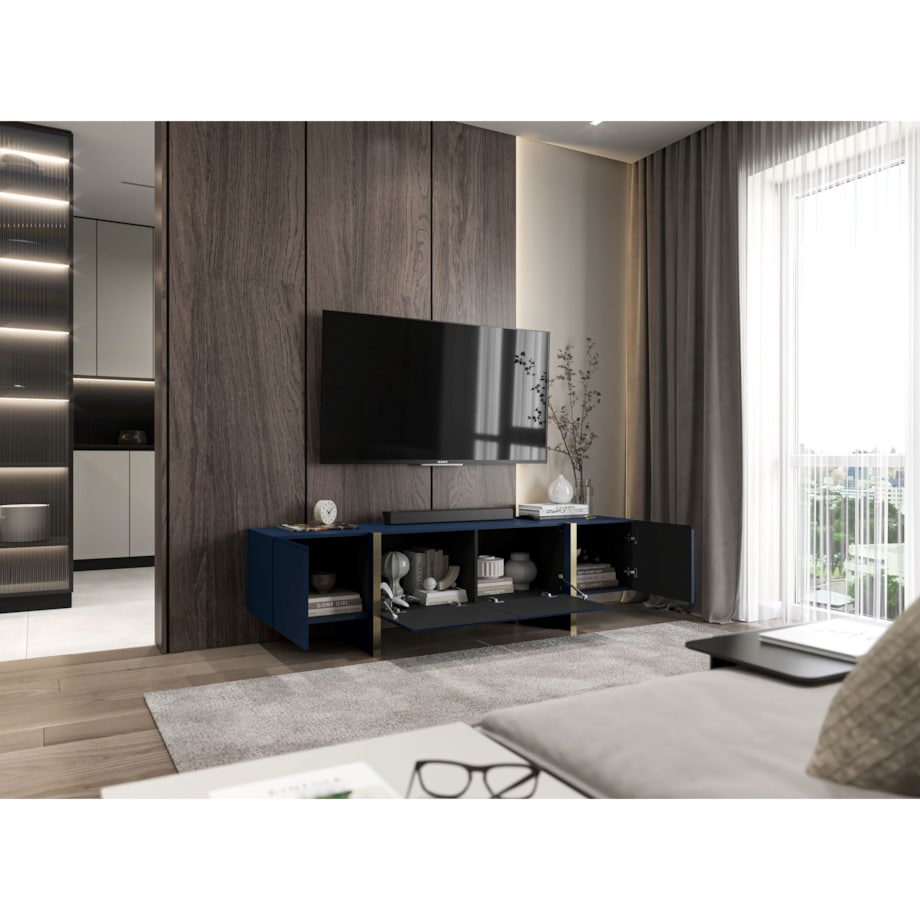 Szafka RTV Kenzo Nowoczesna Komoda RTV Glamour Granatowy Mat 180 cm