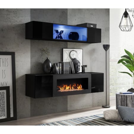 Meblościanka FLY N3 czarny połysk/czarny mat z biokominkiem