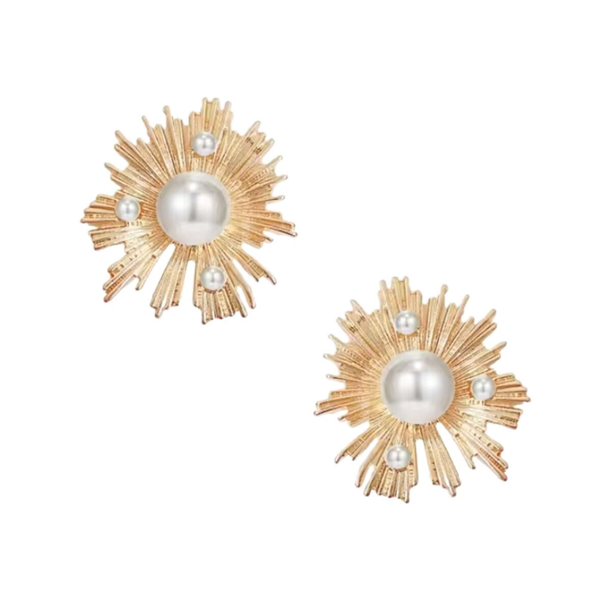 Złote kolczyki przy uchu sztyfty z perłami słoneczka słońce sztyfty