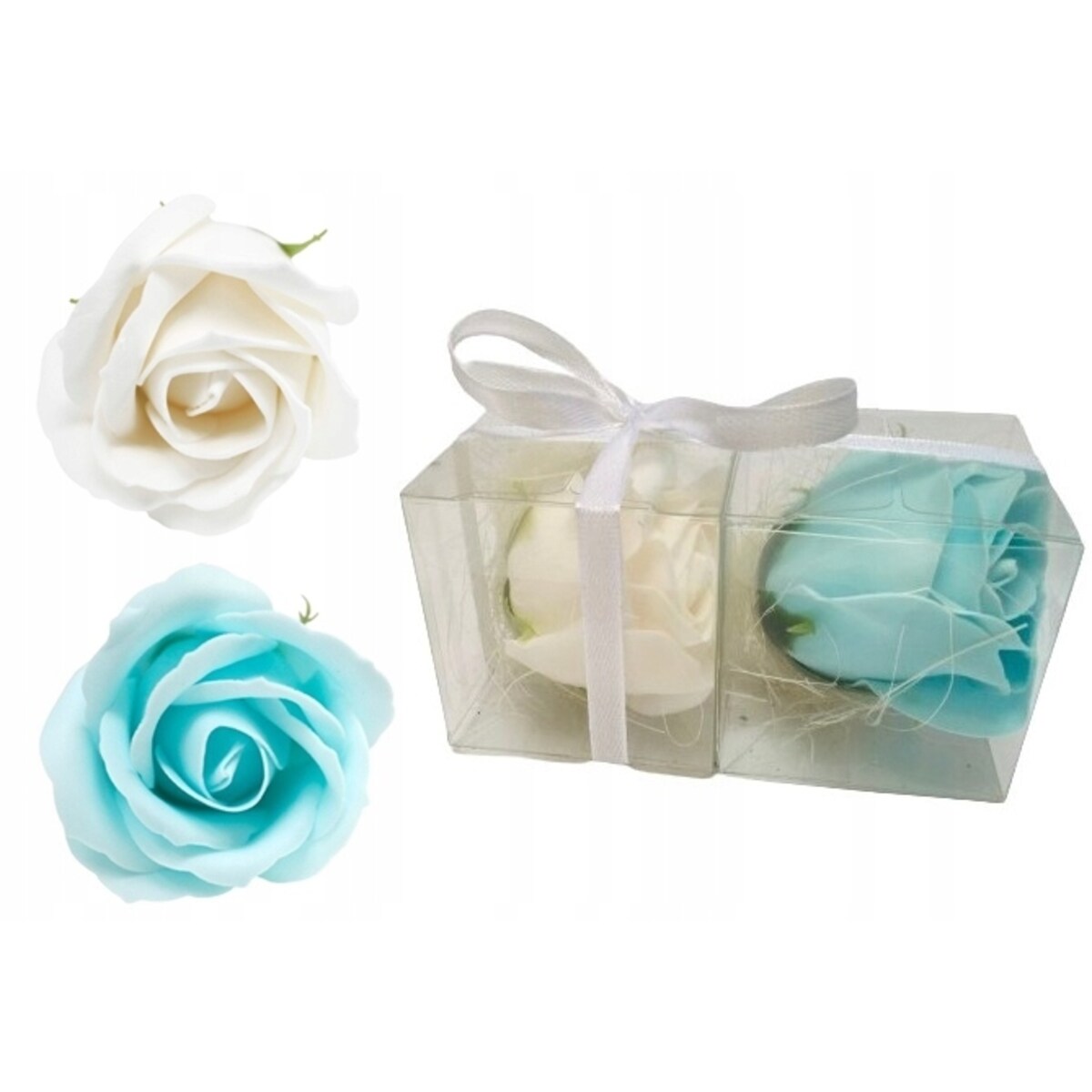 FLOWER BOX KWIATY MYDLANE RÓŻA BIAŁO NIEBIESKA na prezent upominek GOŚCI