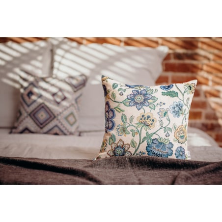 Poduszka gobelinowa w kwiaty 45x45 Kwiaty Folk Indygo