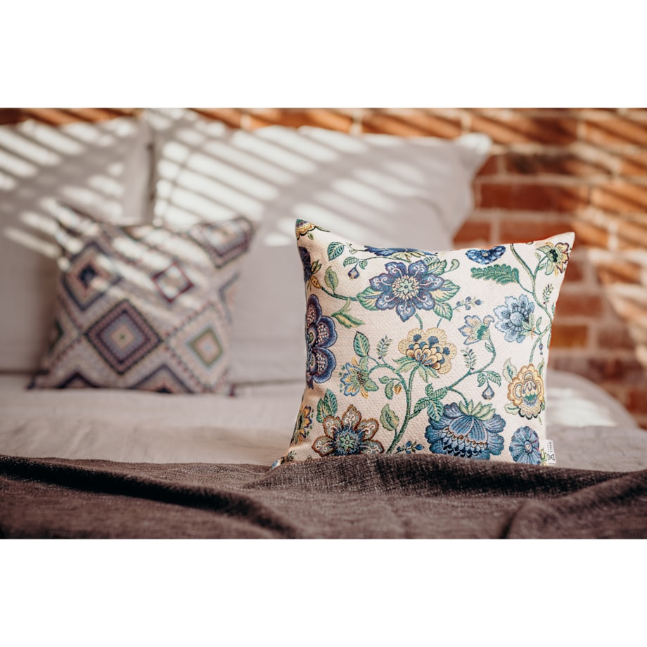 Poduszka gobelinowa w kwiaty 45x45 Kwiaty Folk Indygo